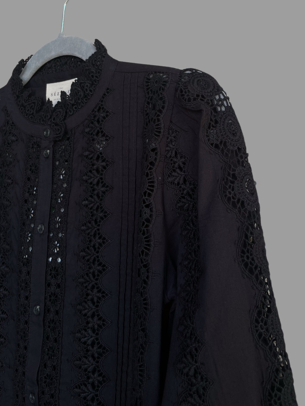SEZANE NWT Black Floral Embroidered Crochet Lace Button Down Rym Shirt Blouse - Picture 4 of 16